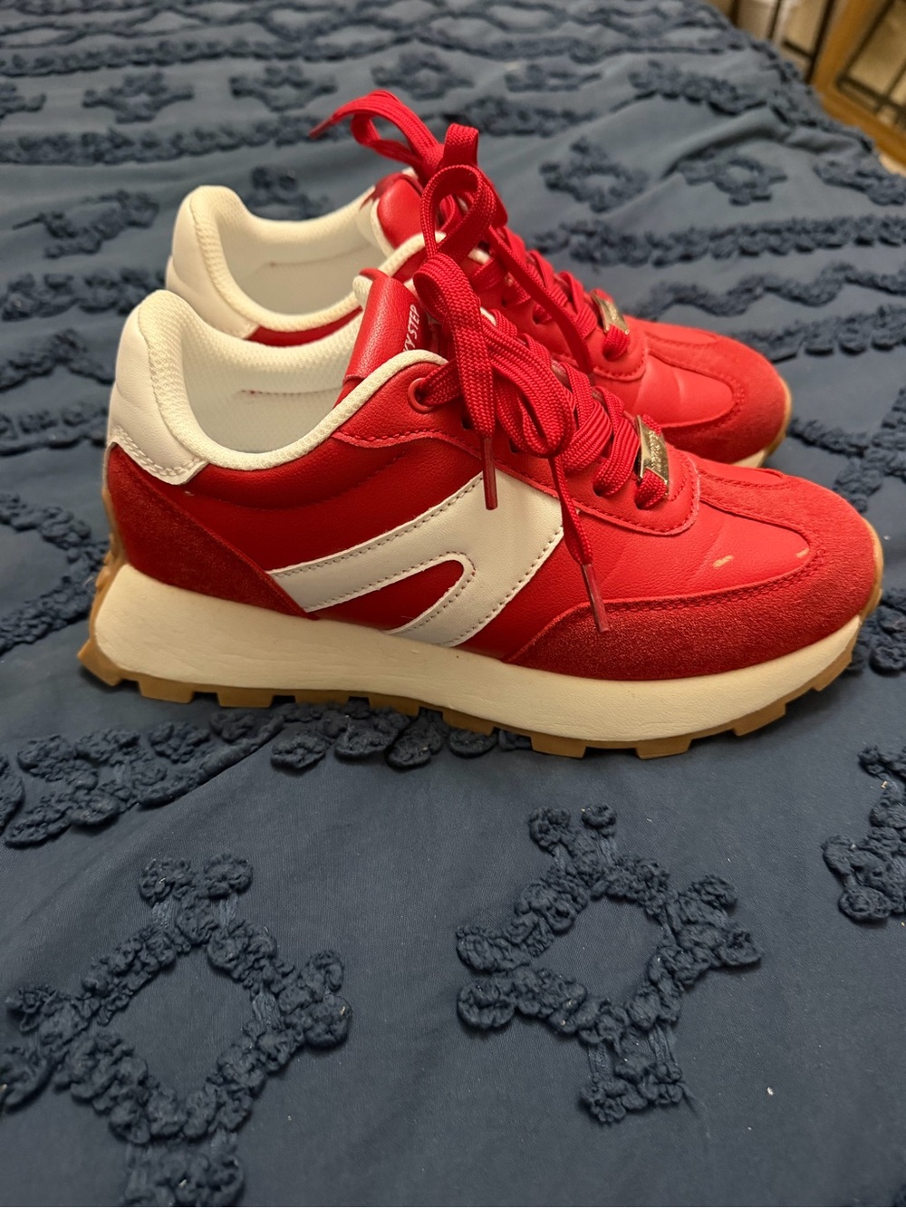 Women’s Red Athletic Sneakers with White Accent and Gum Sole